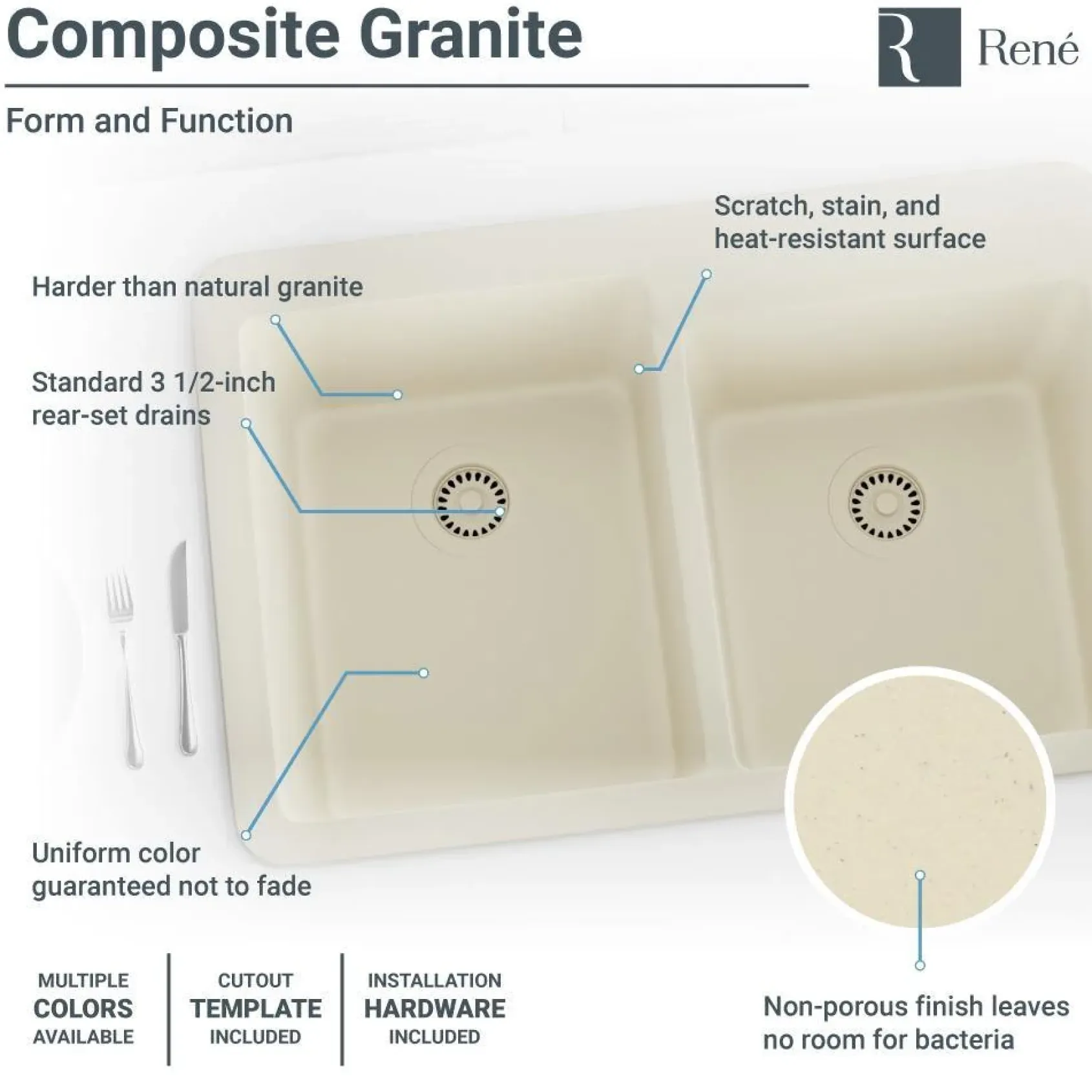 Rene 33" Composite Granite Kitchen Sink, 60/40 Double Bowl, Ecru, R3-2001-ECR-ST-CGS