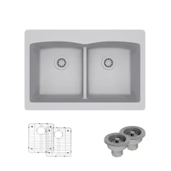 Rene 33" Composite Granite Kitchen Sink, 50/50 Double Bowl, Pewter, R3-2007-PWT-ST-CGS