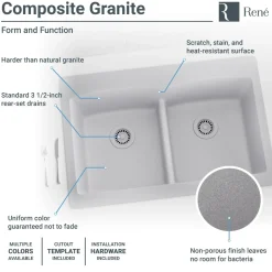 Rene 33" Composite Granite Kitchen Sink, 50/50 Double Bowl, Pewter, R3-2007-PWT-ST-CGS