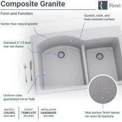 Rene 33" Composite Granite Kitchen Sink, 60/40 Double Bowl, Pewter, R3-2008-PWT-ST-CGS