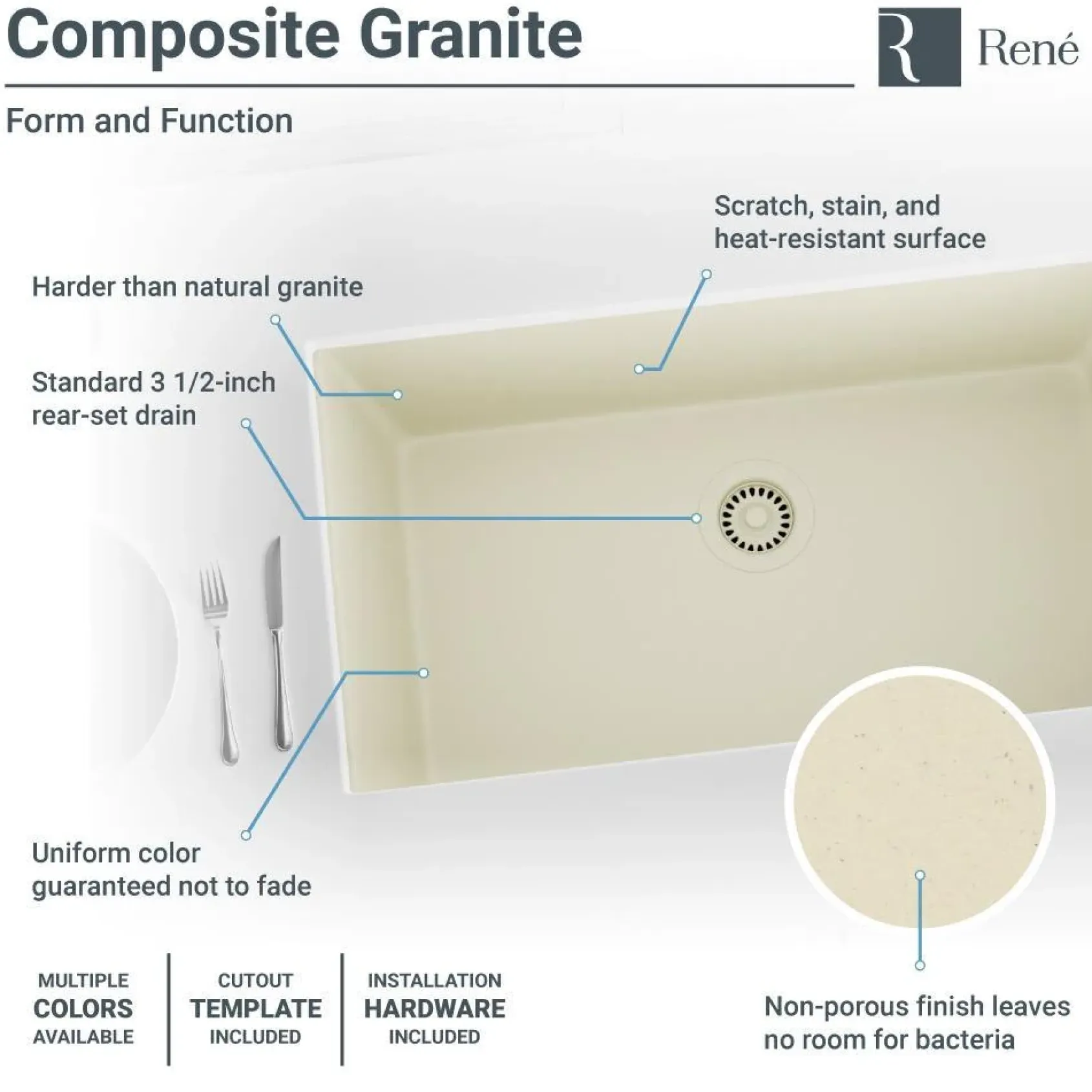 Rene 33" Composite Granite Kitchen Sink, Ecru, R3-1006-ECR-ST-CGF