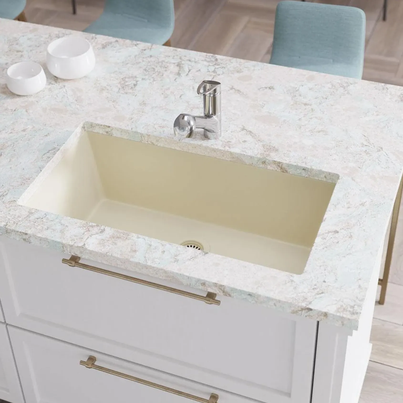 Rene 33" Composite Granite Kitchen Sink, Ecru, R3-1006-ECR-ST-CGF