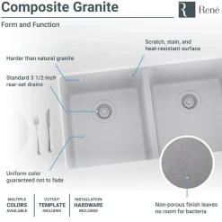 Rene 33" Composite Granite Kitchen Sink, 50/50 Double Bowl, Pewter, R3-1002-PWT-ST-CGS