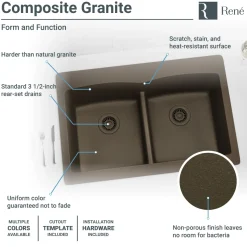 Rene 33" Composite Granite Kitchen Sink, 50/50 Double Bowl, Umber, R3-2007-UMB-ST-CGF