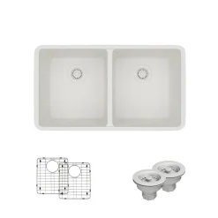 Rene 33" Composite Granite Kitchen Sink, 50/50 Double Bowl, Ivory, R3-1002-IVR-ST-CGS