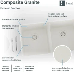 Rene 33" Composite Granite Kitchen Sink, 50/50 Double Bowl, Ivory, R3-1002-IVR-ST-CGS