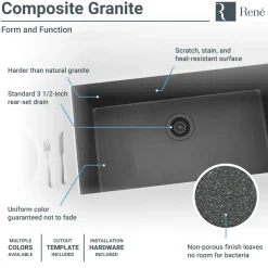 Rene 33" Composite Granite Kitchen Sink, Carbon, R3-1006-CAR-ST-CGF