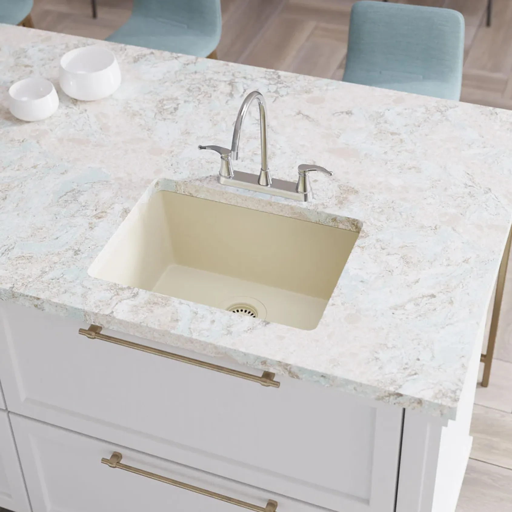 Rene 22" Composite Granite Kitchen Sink, Ecru, R3-1004-ECR-ST-CGF