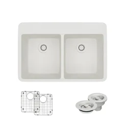 Rene 33" Composite Granite Kitchen Sink, 50/50 Double Bowl, Ivory, R3-2002-IVR-ST-CGF