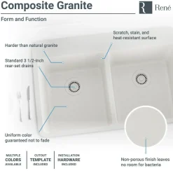 Rene 33" Composite Granite Kitchen Sink, 50/50 Double Bowl, Ivory, R3-2002-IVR-ST-CGF