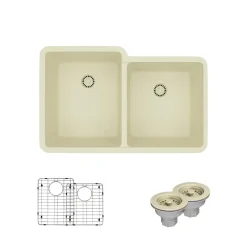 Rene 33" Composite Granite Kitchen Sink, 55/45 Double Bowl, Ecru, R3-1001-ECR-ST-CGS