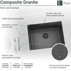 Rene 22" Composite Granite Kitchen Sink, Carbon, R3-1004-CAR-ST-CGF