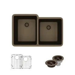 Rene 33" Composite Granite Kitchen Sink, 55/45 Double Bowl, Umber, R3-1001-UMB-ST-CGF