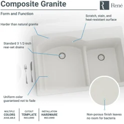 Rene 33" Composite Granite Kitchen Sink, 60/40 Double Bowl, Ivory, R3-2008-IVR-ST-CGS