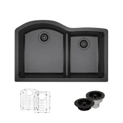 Rene 33" Composite Granite Kitchen Sink, 60/40 Double Bowl, Carbon, R3-1008-CAR-ST-CGF