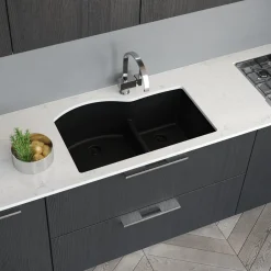 Rene 33" Composite Granite Kitchen Sink, 60/40 Double Bowl, Carbon, R3-1008-CAR-ST-CGF