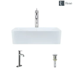 Rene 19" Rectangle Porcelain Bathroom Sink, White, with Faucet, R2-5007-W-R9-7001-C