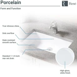 Rene 22" Rectangle Porcelain Bathroom Sink, White, R2-1001-W-PUD-C