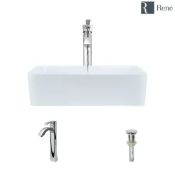 Rene 19" Rectangle Porcelain Bathroom Sink, White, with Faucet, R2-5007-W-R9-7006-C