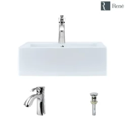 Rene 21" Rectangle Porcelain Bathroom Sink, White, with Faucet, R2-5018-W-R9-7005-C