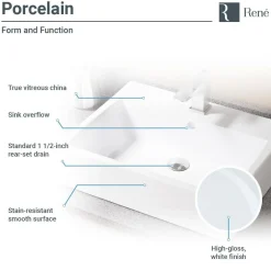 Rene 21" Rectangle Porcelain Bathroom Sink, White, with Faucet, R2-5018-W-R9-7005-C