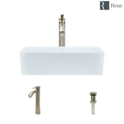 Rene 19" Rectangle Porcelain Bathroom Sink, White, with Faucet, R2-5007-W-R9-7006-BN