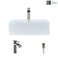 Rene 21" Rectangle Porcelain Bathroom Sink, White, with Faucet, R2-5018-W-R9-7008-BN