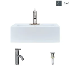 Rene 21" Rectangle Porcelain Bathroom Sink, White, with Faucet, R2-5018-W-R9-7009-C