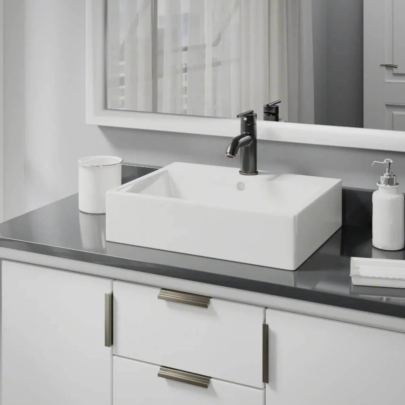 Rene 21" Rectangle Porcelain Bathroom Sink, Biscuit, with Faucet, R2-5018-B-R9-7009-ABR