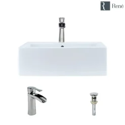 Rene 21" Rectangle Porcelain Bathroom Sink, White, with Faucet, R2-5018-W-R9-7008-C