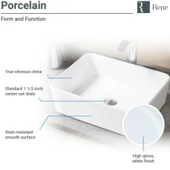 Rene 19" Rectangle Porcelain Bathroom Sink, White, with Faucet, R2-5007-W-R9-7006-ABR
