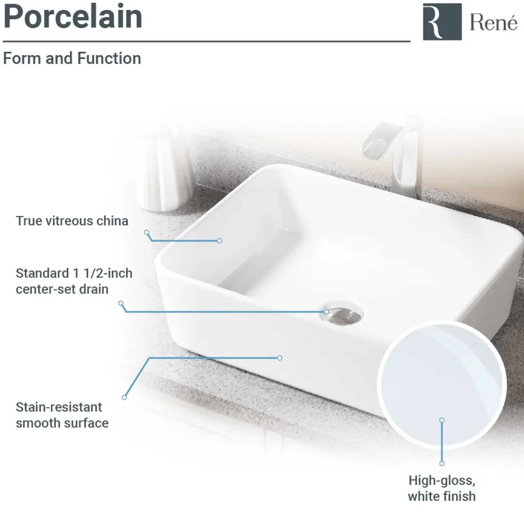 Rene 19" Rectangle Porcelain Bathroom Sink, White, with Faucet, R2-5007-W-R9-7006-ABR