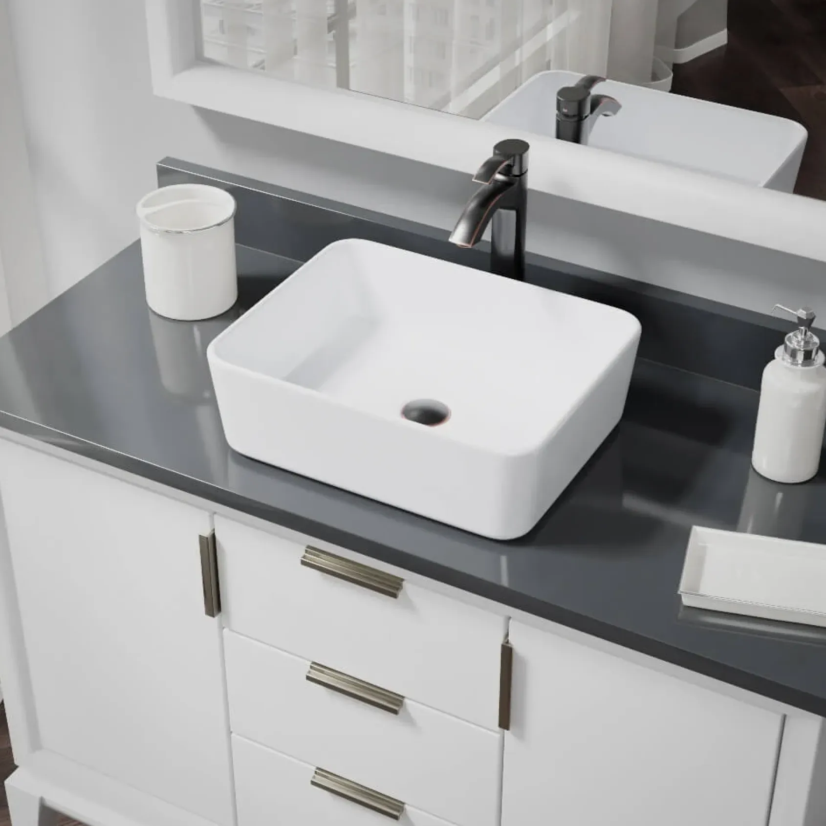 Rene 19" Rectangle Porcelain Bathroom Sink, White, with Faucet, R2-5007-W-R9-7006-ABR