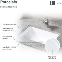 Rene 21" Rectangle Porcelain Bathroom Sink, White, R2-1002-W-PUD-ABR