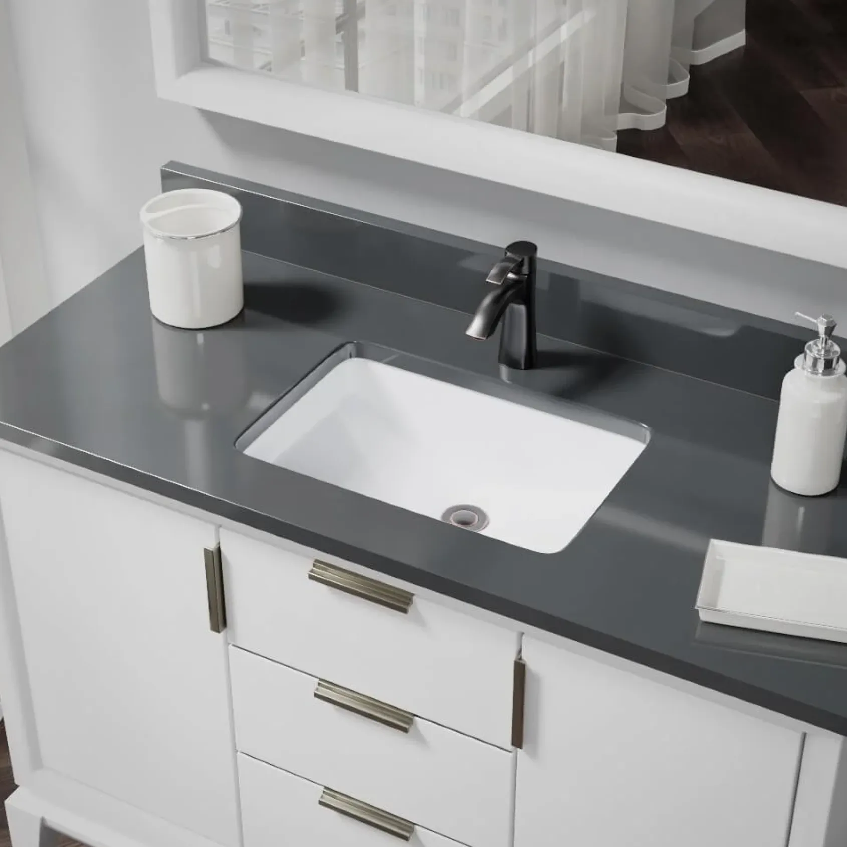 Rene 21" Rectangle Porcelain Bathroom Sink, White, R2-1002-W-PUD-ABR