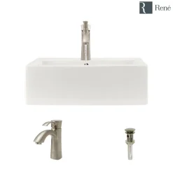 Rene 21" Rectangle Porcelain Bathroom Sink, Biscuit, with Faucet, R2-5018-B-R9-7005-BN