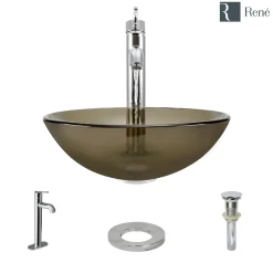 Rene 17" Round Glass Bathroom Sink, Cashmere, with Faucet, R5-5001-CAS-R9-7001-C