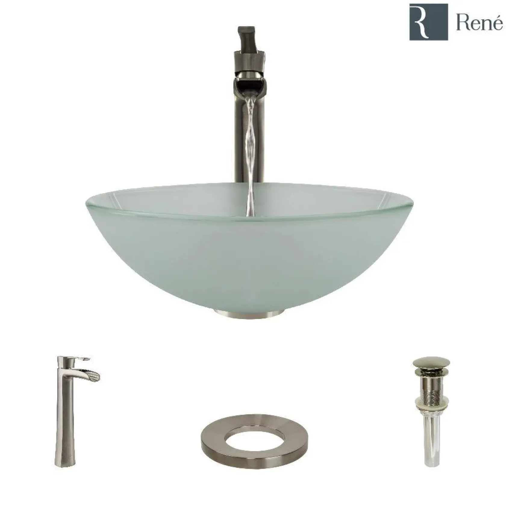 Rene 17" Round Glass Bathroom Sink, Frosted, with Faucet, R5-5002-R9-7007-BN