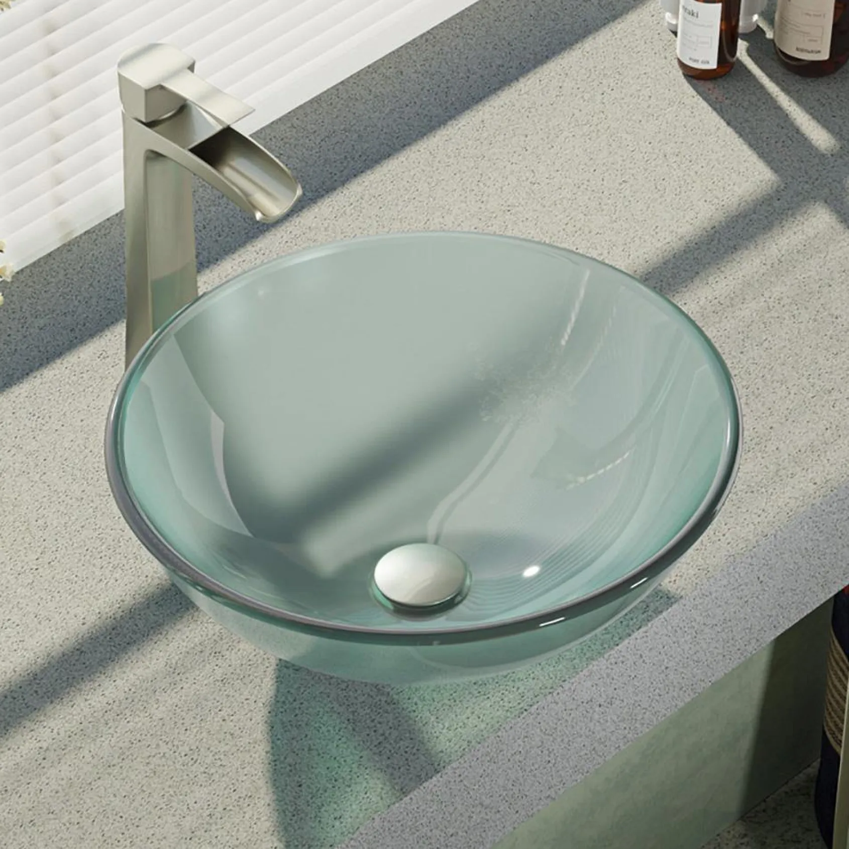 Rene 17" Round Glass Bathroom Sink, Frosted, with Faucet, R5-5002-R9-7007-BN