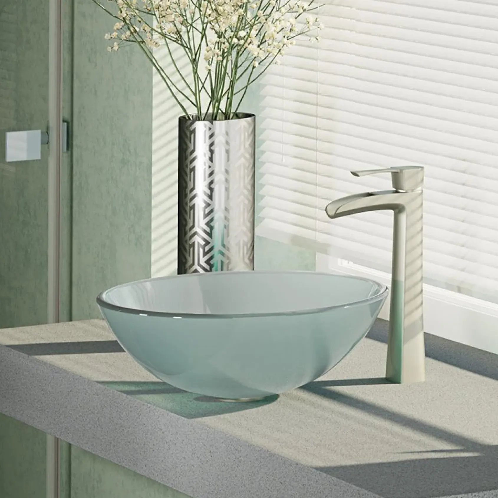 Rene 17" Round Glass Bathroom Sink, Frosted, with Faucet, R5-5002-R9-7007-BN