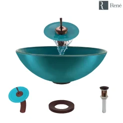 Rene 17" Round Glass Bathroom Sink, Cerulean, with Faucet, R5-5001-CER-WF-ORB