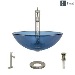 Rene 17" Round Glass Bathroom Sink, Celeste, with Faucet, R5-5001-CEL-R9-7001-BN