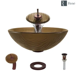 Rene 17" Round Glass Bathroom Sink, Beach Sand, with Faucet, R5-5025-WF-ORB