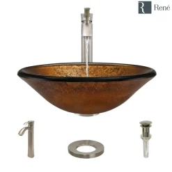 Rene 18" Round Glass Bathroom Sink, Orange Gold Foil, with Faucet, R5-5013-R9-7006-BN