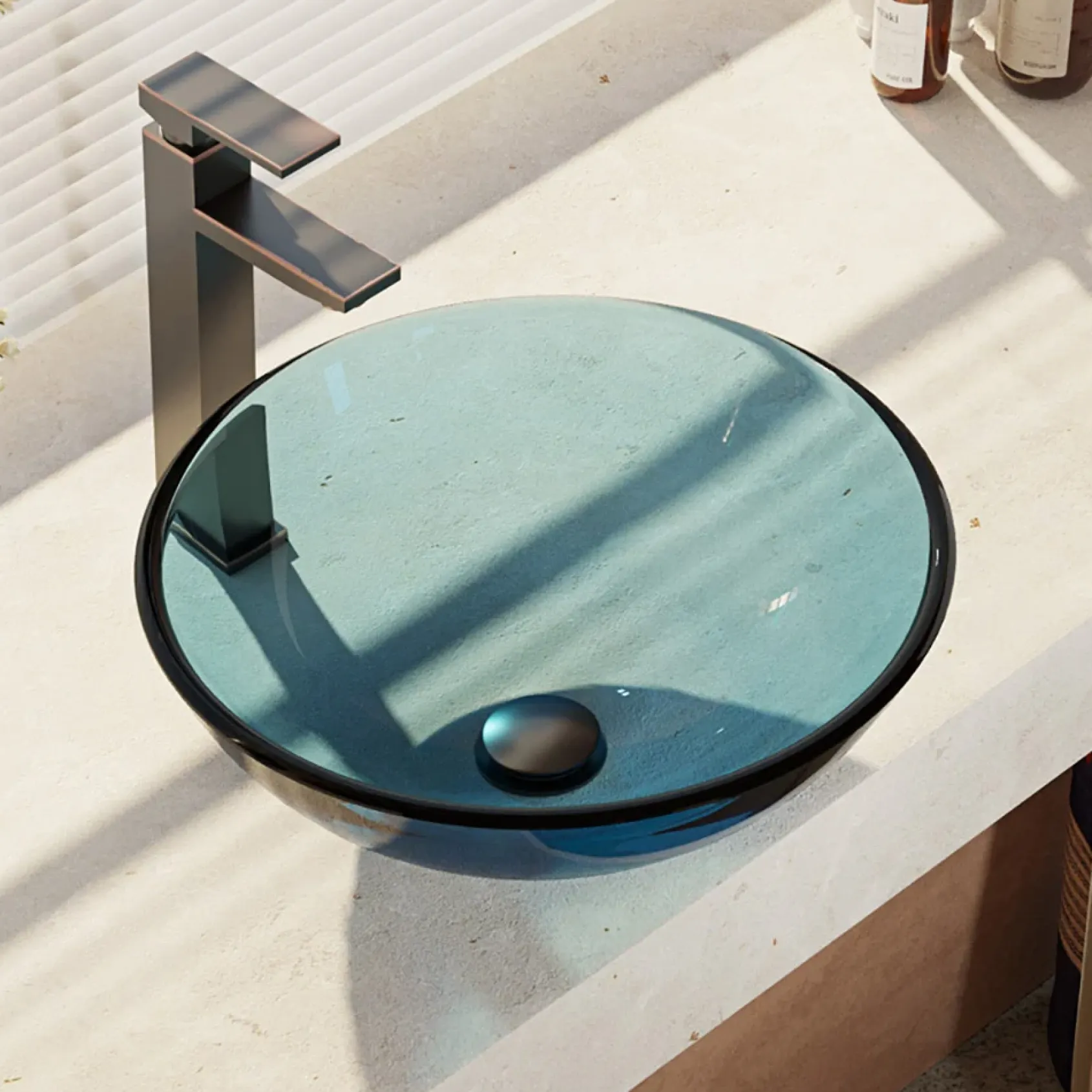 Rene 17" Round Glass Bathroom Sink, Celeste, with Faucet, R5-5001-CEL-R9-7003-ABR