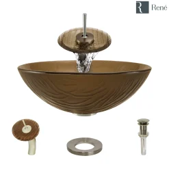 Rene 17" Round Glass Bathroom Sink, Beach Sand, with Faucet, R5-5025-WF-BN