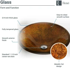 Rene 18" Round Glass Bathroom Sink, Orange Gold Foil, with Faucet, R5-5013-R9-7007-ABR