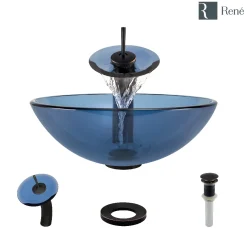 Rene 17" Round Glass Bathroom Sink, Celeste, with Faucet, R5-5001-CEL-WF-ABR