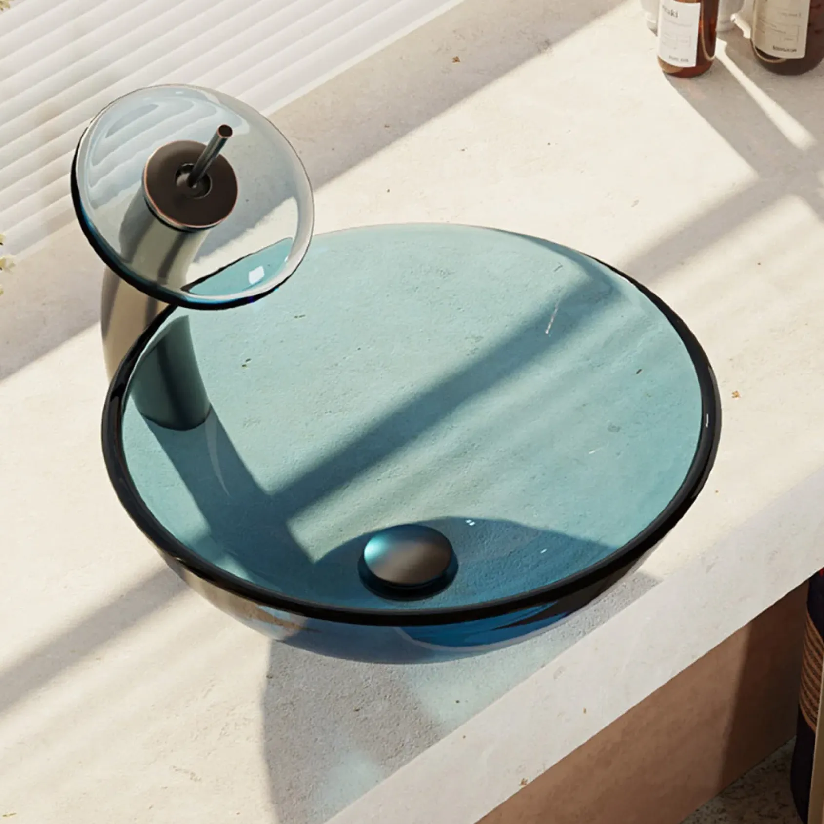 Rene 17" Round Glass Bathroom Sink, Celeste, with Faucet, R5-5001-CEL-WF-ABR