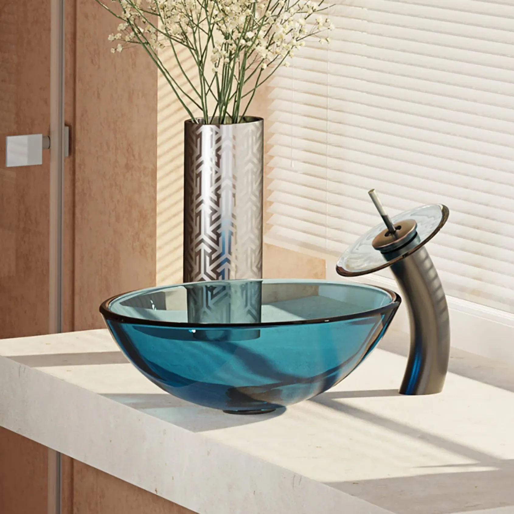 Rene 17" Round Glass Bathroom Sink, Celeste, with Faucet, R5-5001-CEL-WF-ABR